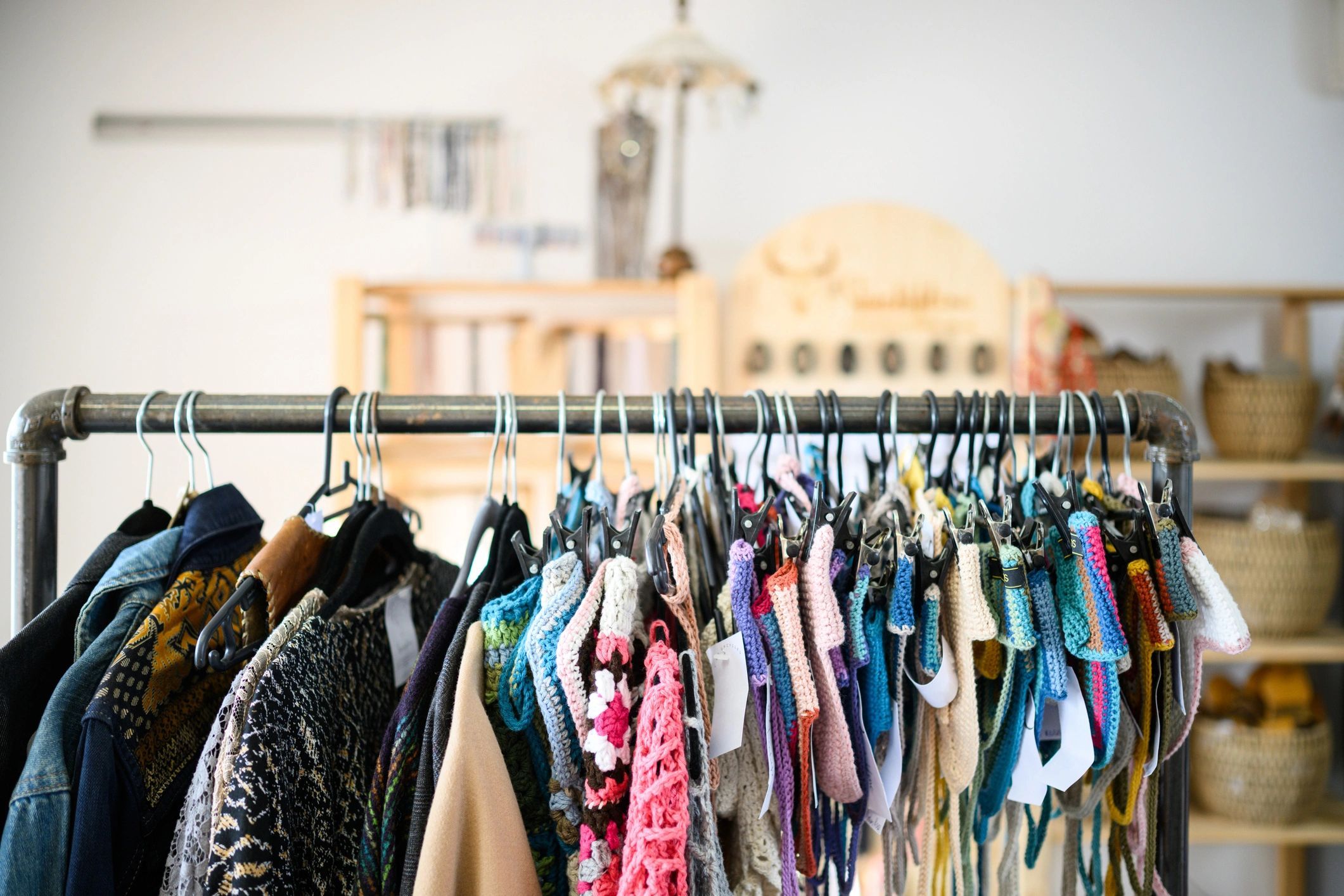 Clothing rack display in a boutique interior